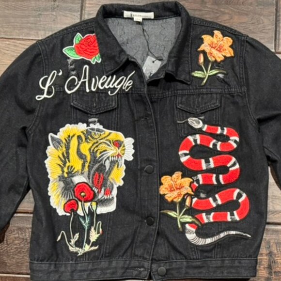 NWT Embroidered Tiger Par Amour / L’Aveugle Denim Jacket Nylon Apparel L Fits M - Picture 2 of 10